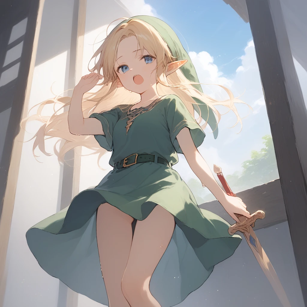 score_9, score_8_up, score_7_up, source_anime, best quality, masterpiece, official art, absurdres, highres, ultra-detailed,waifu2x,Collection: Slice of Life,break,1girl, YoungLink, small breasts, blonde hair, green tunic, pointy ears, hat, solo, blue eyes,green_headwear belt, sword, sweat, open mouth, (yawn:0.3), sleepily, outdoors, wind,break,(clear line illustration:1.2), super detailed skin,very high resolution, very aesthetic, Best sexual lighting powered by famous artist, 8k,cute picture,beauty illustration,photoshop_(medium),,(Detailed Lighting),best anime 8k konachan wallpaper, pixiv contest winner,