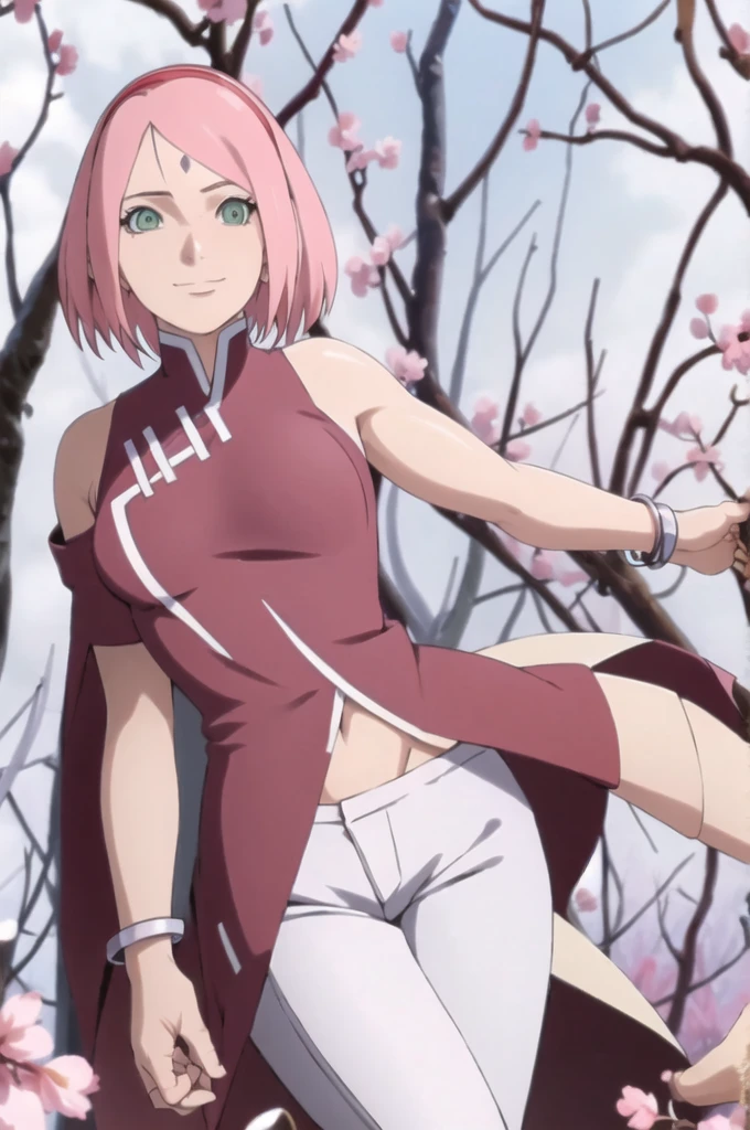 masterpiece, absurdres ,1girl, haruno sakura, big breasts, nude, forehead mark, red hairband, white pants,navel, groin, bracelet, looking at viewer, smile, cherry blossoms, wind, floating hair, shirtspread