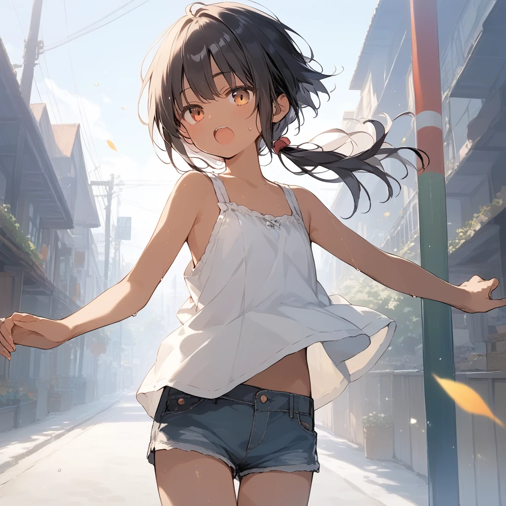 score_9, score_8_up, score_7_up, source_anime, best quality, masterpiece, official art, absurdres, highres, ultra-detailed,waifu2x,Collection: Slice of Life,break,1girl, tomboy, dark-skinned female, short hair, low ponytail, flat chest, beautiful detailed eyes, short shorts, sweat, open mouth, (yawn:0.3), sleepily, outdoors, wind,break,(clear line illustration:1.2), super detailed skin,very high resolution, very aesthetic, Best sexual lighting powered by famous artist, 8k,cute picture,beauty illustration,photoshop_(medium),,(Detailed Lighting),best anime 8k konachan wallpaper, pixiv contest winner,