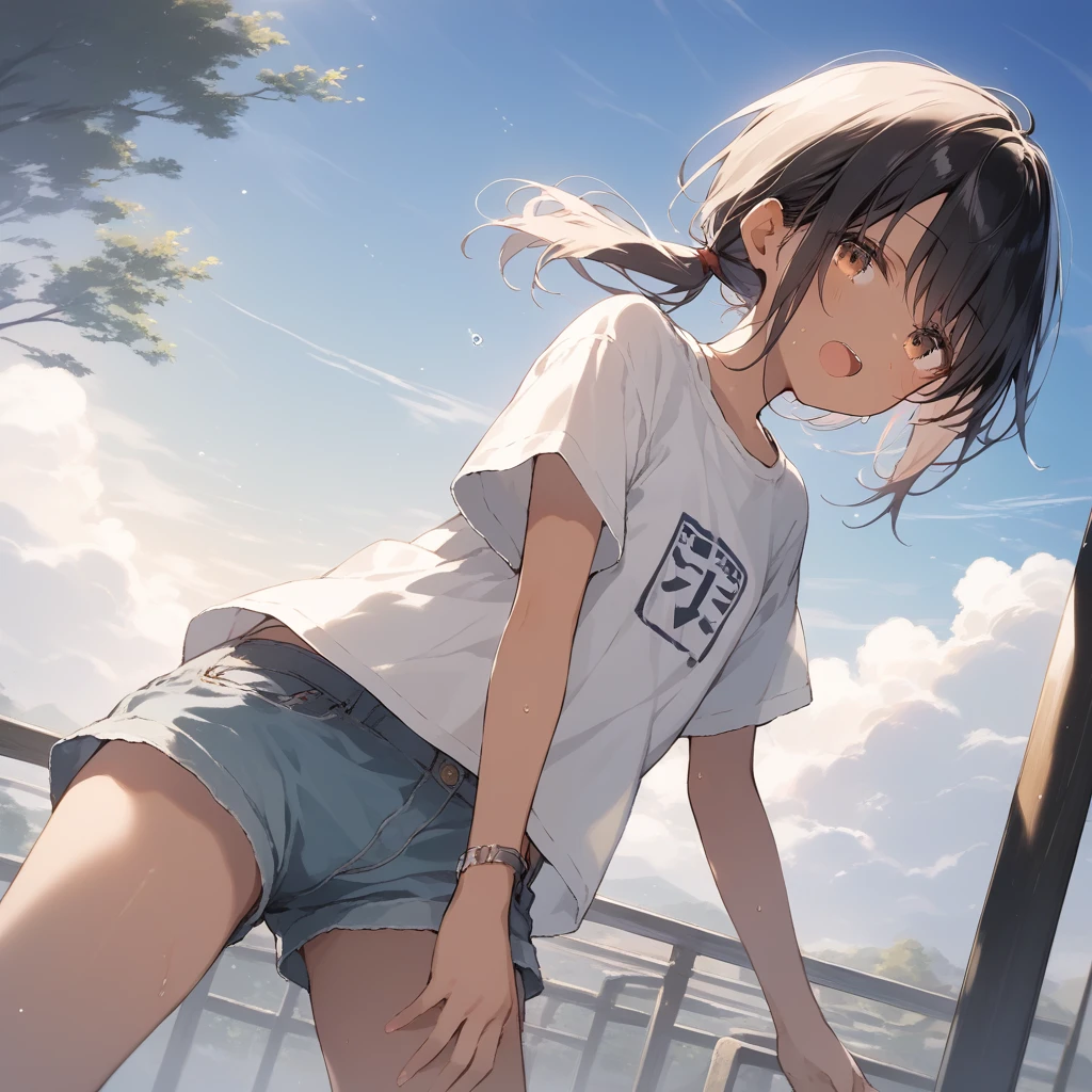 score_9, score_8_up, score_7_up, source_anime, best quality, masterpiece, official art, absurdres, highres, ultra-detailed,waifu2x,Collection: Slice of Life,break,1girl, tomboy, dark-skinned female, short hair, low ponytail, flat chest, beautiful detailed eyes, short shorts, sweat, open mouth, (yawn:0.3), sleepily, outdoors, wind,break,(clear line illustration:1.2), super detailed skin,very high resolution, very aesthetic, Best sexual lighting powered by famous artist, 8k,cute picture,beauty illustration,photoshop_(medium),,(Detailed Lighting),best anime 8k konachan wallpaper, pixiv contest winner,