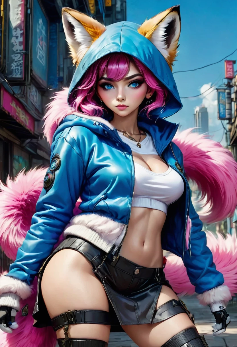 Ultra-realistic CG K ,((premium、8k、32k、Masterpiece)), (superfine illustration)、(súper high resolution), (((body adulto))), (Masterpiece, Best Quality:1.2), ((Masterpiece, of the highest quality, Maximum image quality, high resolution, photorealistic, photo and gross, 8k)),Oh, league of legend, sexy for, wallpapers, detailed eyes, fox ear, (fox tails), a skirt, (long pink fur), medium breasts, Looking at_It is shown in_Looking atl espectador, short_Hair, gloves, belly button, fail, Blue_there are eyes, Eternal, full_body, weapon, Footwear, Necklaces, negro_gloves, pulp, hooded, Hair_overcome_Yoon_there are eyes, cultivator_above, Hoodie, negro_pants, sneakers, cut_Jacket, cyber punk character, cut_Hoodie
