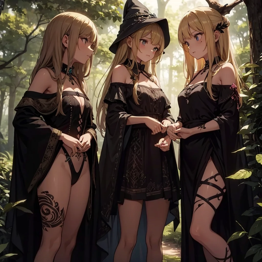 a group of beautiful witch girls in the middle of a forest in the night, tribal tattoo ,multiple girls , blonde hair , standing girl young girl, girl , sexy , dress , short dress