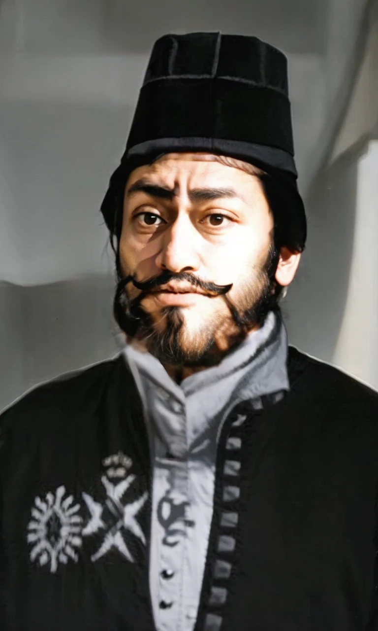 Indonesian Muslim man, brave king, wearing kanigaran clothing complete with black head covering, aged 40 years or over, brownish wrinkled skin, thick mustache and beard, long eyebrows, thin lips, closed mouth, thick black hair, big glaring eyes , Detailed Realistic HD Photos.