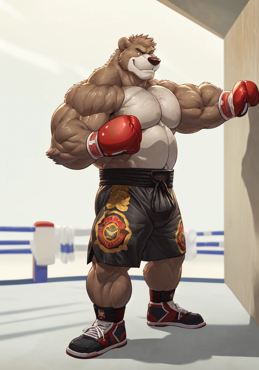 ((solo)), (anthro:1.2) bear (lora; baloo), adult, (athletic:1.4), (dense muscles), (super strong:1.4), (correct anatomy:1.2), (broad shoulders:1.2), (heavy build, massive body:1.6), (realistic fur, detailed brown fur texture:1.3), kickboxing martial arts tournament background (corner of the kickboxing MMA ring:1.6), photorealistic, (black compression shorts), (bare torso:1.4), (footwear:1.2), (detailed kickboxing martial arts black shorts), hyperrealistic, ultradetailed, (by wfa:1.2), (by takemoto_arashi, by vorusuarts, by Traver009:1, by grimfaust:1), natural lighting, (oiled up:1.4), ursine head (open eyes, brown mane), (sexy:1.2), ((serious smirk:1.4) expression), (punching:1.4), (view from center:1.4)