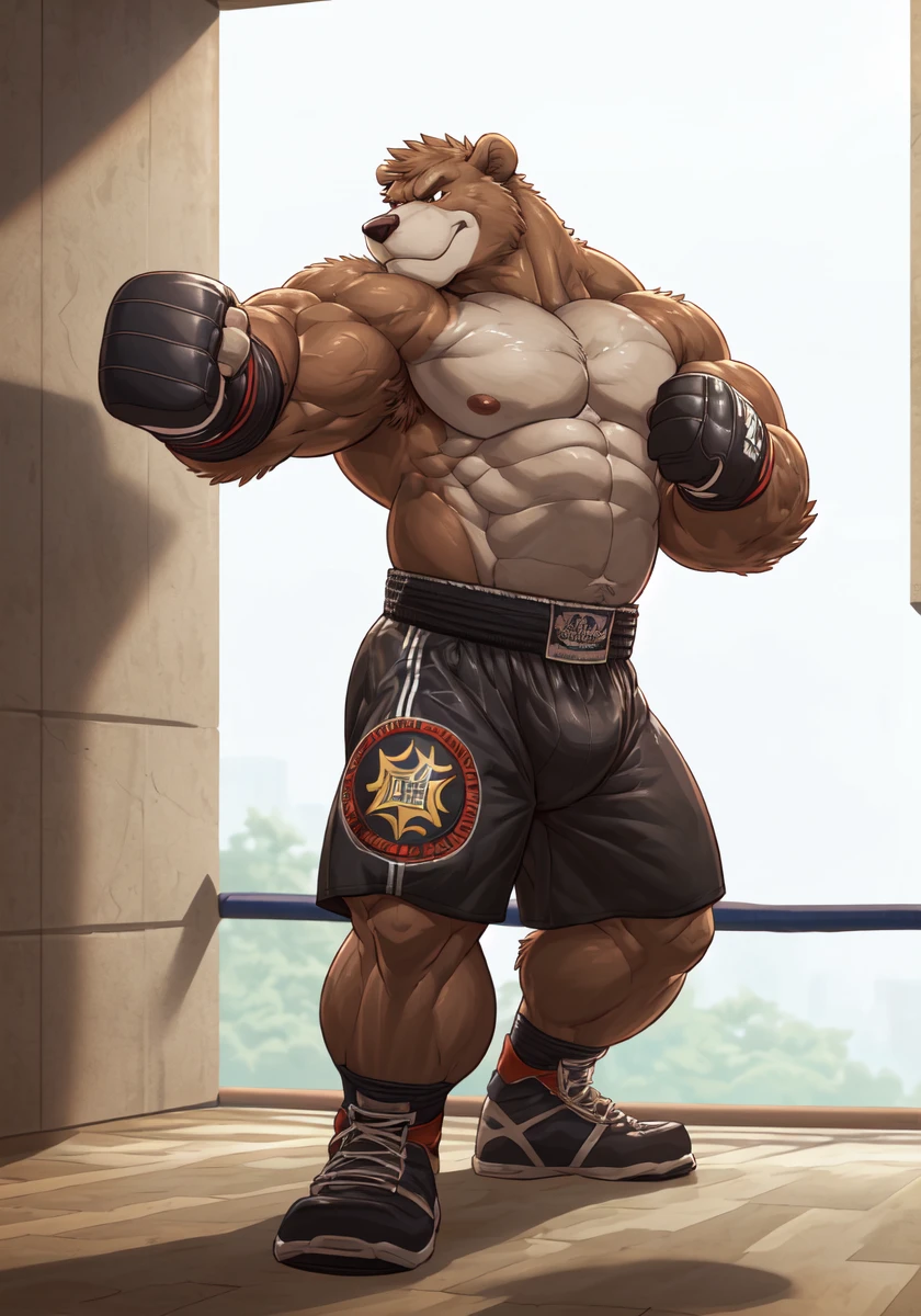 ((solo)), (anthro:1.2) bear (lora; baloo), adult, (athletic:1.4), (dense muscles), (super strong:1.4), (correct anatomy:1.2), (broad shoulders:1.2), (heavy build, massive body:1.6), (realistic fur, detailed brown fur texture:1.3), kickboxing martial arts tournament background (corner of the kickboxing MMA ring:1.6), photorealistic, (black compression shorts), (bare torso:1.4), (footwear:1.2), (detailed kickboxing martial arts black shorts), hyperrealistic, ultradetailed, (by wfa:1.2), (by takemoto_arashi, by vorusuarts, by Traver009:1, by grimfaust:1), natural lighting, (oiled up:1.4), ursine head (open eyes, brown mane), (sexy:1.2), ((serious smirk:1.4) expression), (punching:1.4), (view from center:1.4)