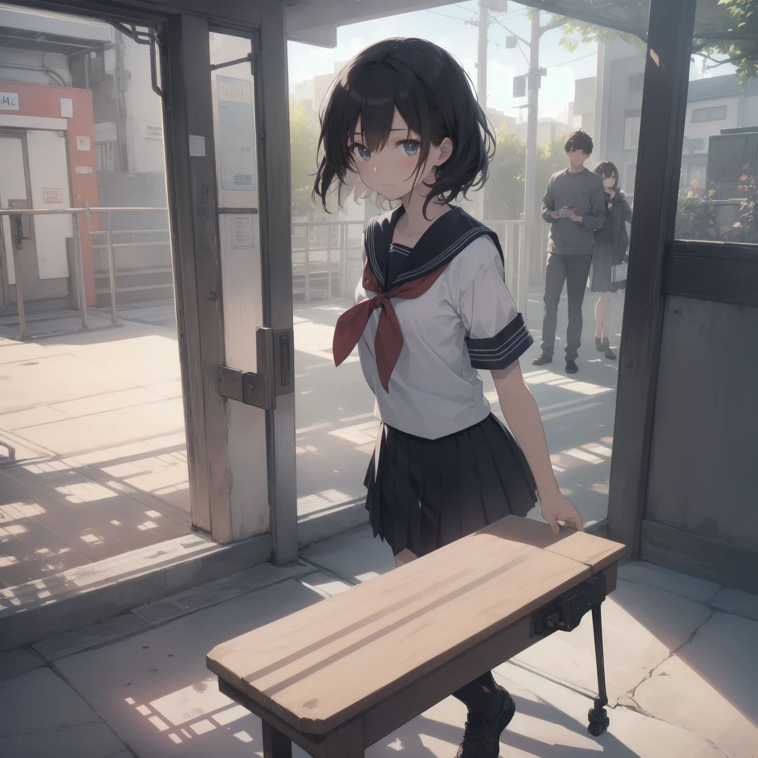 ultra-absurdres-Top quality by artist God, ultra-detailed, high resolution, anime moe artstyle, best anime 8k konachan wallpaper, pixiv contest winner, pool:2810, perfect anatomy,break, 1girl, (Please draw a girl walking sleepily to school alone. )break,(Solo,little female, 13-year-old:1.3),Full limbs, complete fingers,a junior high school student, (very short hair), short cut, flat chest, , small butt, small black eyes, beautiful detailed eyes, well-proportioned iris and pupils, expressive eyes, highres detailed hair, soft expression, salor school_uniform, sailor collar, serahuku, bow, pleated skirt,(Detailed Lighting), (Detailed background), in the School commute route. break,super detailed skin, Best cinematic lighting powered by famous artist, 8k,beauty illustration,photoshop_(medium),very aesthetic,break,((artist:hana_kazari )), artist:clamp ,artist:carnelian ,artist:kantoku ,