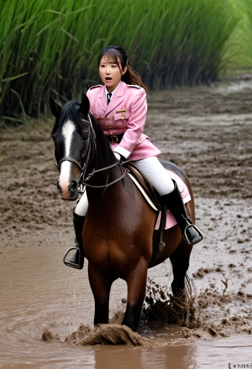 (((masterpiece))),(((Highest quality))),((Tabletop:1.4, Highest quality)), (Realな写真:1.4), 
((1 cute girl knight)),rodeo,horse standing,Surprised face,stumble,aggressive,slouch,horse standing, prancing horse,pitfall,cute,Napoleon,
(超High resolution:1.2),, wonderful, Very detailed CG Unity 8k wallpaper, Very detailed, High resolution,fat horse ridden by japanese girl,Plump,Double,Pink military uniform,Soaking in the swamp,Mud Splash,
Soft Light, Beautiful detailed girl, Droopy eyes,Very detailedな目と顔, Beautiful and exquisite nose, Beautiful and exquisite,  horse ridden by a girl can't stand up because its drowned in the sticky muddy pitfall:10.0 ,Displeased face:4.0,Real,Stir,Anatomically correct,action horse riding scene while struggle fighting