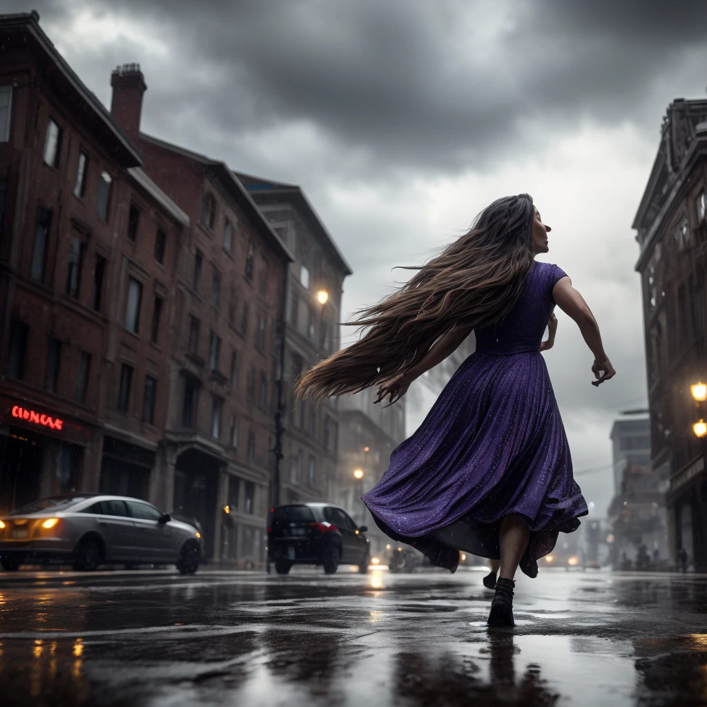 a woman dancing in the rain, detailed face, beautiful eyes, long hair flowing, elegant dress, rain drops, moody lighting, cinematic, realistic, photorealistic, ultra-detailed, vibrant colors, dramatic, (best quality,8k,highres,masterpiece:1.2),dramatic lighting,cinematic composition,rainy atmosphere