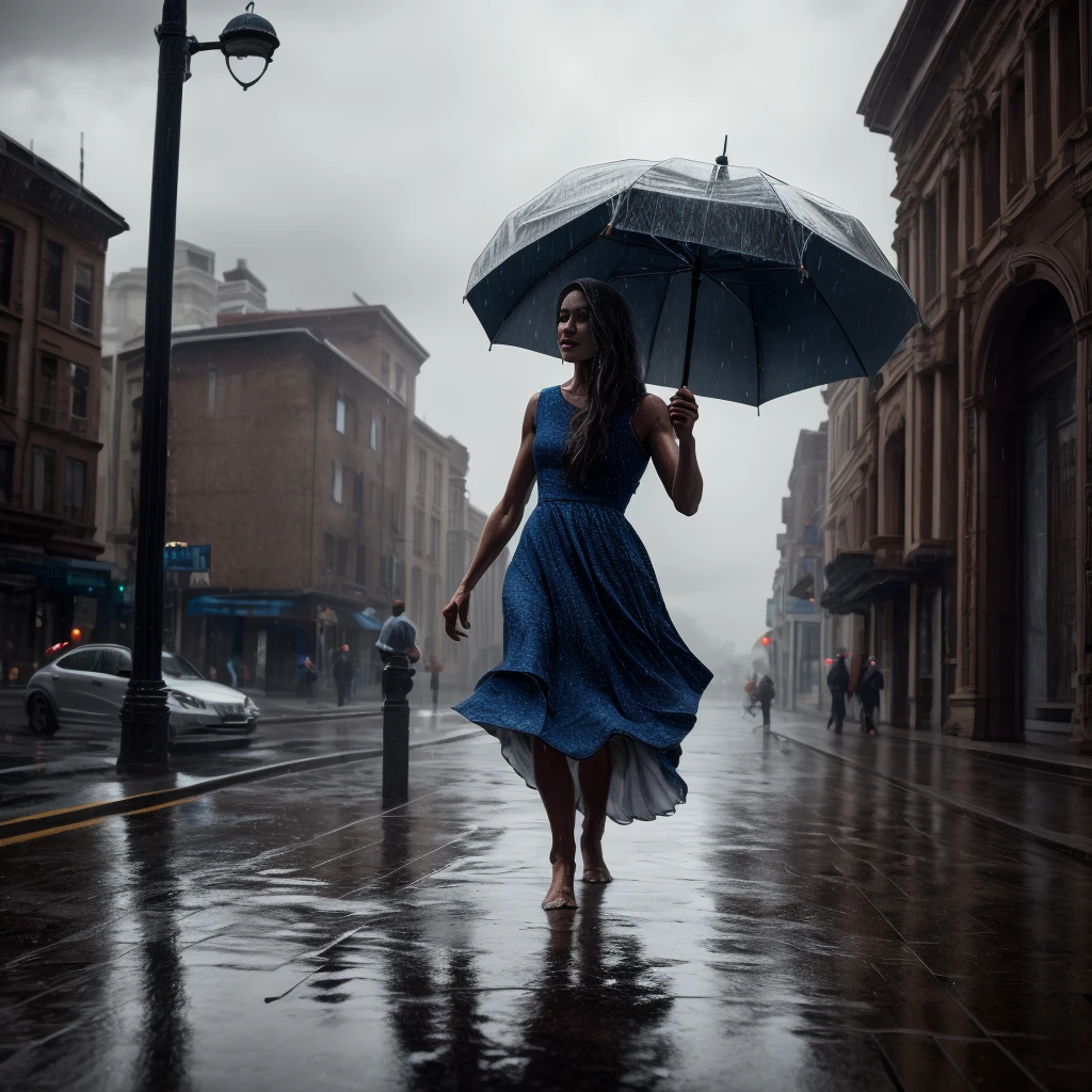 a woman dancing in the rain, detailed face, beautiful eyes, long hair flowing, elegant dress, rain drops, moody lighting, cinematic, realistic, photorealistic, ultra-detailed, vibrant colors, dramatic, (best quality,8k,highres,masterpiece:1.2),dramatic lighting,cinematic composition,rainy atmosphere