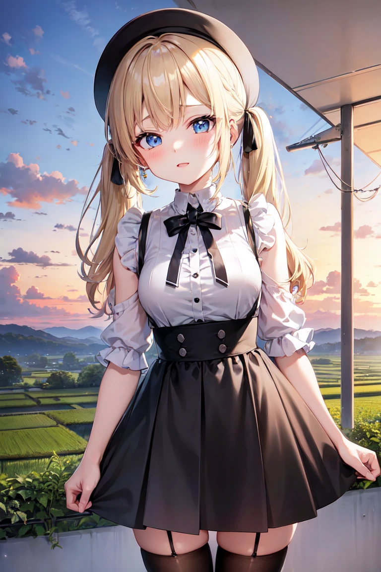 Absurd, Ultra-detailed,Bright colors, Very beautiful and detailed anime faces and eyes, View from the front, ;d, Shiny_skin,Age 25, , Sheer white 、Black socks、Checkered skirt Stylish bra, Asymmetrical bangs, Blonde hair in short pigtails, Shiny髪, Boobs Delicate Beautiful Face, blush、(Deep blue eyes:1.3)、evening、There are many rice fields, Sunset over many fields、Orange View、Small Necklace、