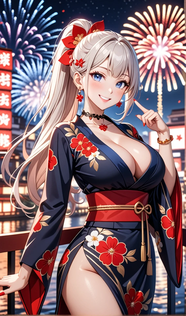 ultra-detailed, ((one girl)), hyper detailed, absurdres, 8K,Cute face, (Laugh shyly), ((teasing smile:1.8)), ((Wink:1.8)), (Laugh with your mouth wide open:1.3),(Tilt your head:1.3), (((put index finger on mouth:1.3)), View your viewers, ((Bright red cheeks:1.6)),Glossy Red Lips, ((Big Breasts:1.5)) (cleavage), night, Fantastic fireworks, ((Anime style background)),masterpiece, Highest quality, (Brighten your face), so beautiful,Latest, Complex details, (Pink long nails), (nail art), (ring),(bracelet), (Floral Choker),AI-generated, Complex,High resolution, Highest quality, super high quality,3D Images、3D Images,One person,Long white hair,(High Ponytail), Anime woman posing for a photo, ((Fine grain, pale blue eyes:1.2)), ((glowing eyes:1.4)), (Squint your eyes:1.1),a hyperRealistic , hyperRealistic , Realistic,Anime woman with long white hair, Smooth anime CG art, With gold embroidery、A girl in a gorgeous kimono, ((Black long sleeve kimono:1.5)),((Red large floral pattern)) ,Long flower hair ornament,Floral Earrings,Mature Body,tall,Abdominal muscles,Narrow waist,((arched back:1.9)),(front view),