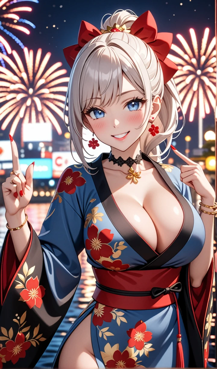 ultra-detailed, ((one girl)), hyper detailed, absurdres, 8K,Cute face, (Laugh shyly), ((teasing smile:1.8)), ((Wink:1.8)), (Laugh with your mouth wide open:1.3),(Tilt your head:1.3), (((put index finger on mouth:1.3)), View your viewers, ((Bright red cheeks:1.6)),Glossy Red Lips, ((Big Breasts:1.5)) (cleavage), night, Fantastic fireworks, ((Anime style background)),masterpiece, Highest quality, (Brighten your face), so beautiful,Latest, Complex details, (Pink long nails), (nail art), (ring),(bracelet), (Floral Choker),AI-generated, Complex,High resolution, Highest quality, super high quality,3D Images、3D Images,One person,Long white hair,(High Ponytail), Anime woman posing for a photo, ((Fine grain, pale blue eyes:1.2)), ((glowing eyes:1.4)), (Squint your eyes:1.1),a hyperRealistic , hyperRealistic , Realistic,Anime woman with long white hair, Smooth anime CG art, With gold embroidery、A girl in a gorgeous kimono, ((Black long sleeve kimono:1.5)),((Red large floral pattern)) ,Long flower hair ornament,Floral Earrings,Mature Body,tall,Abdominal muscles,Narrow waist,((arched back:1.9)),(front view),