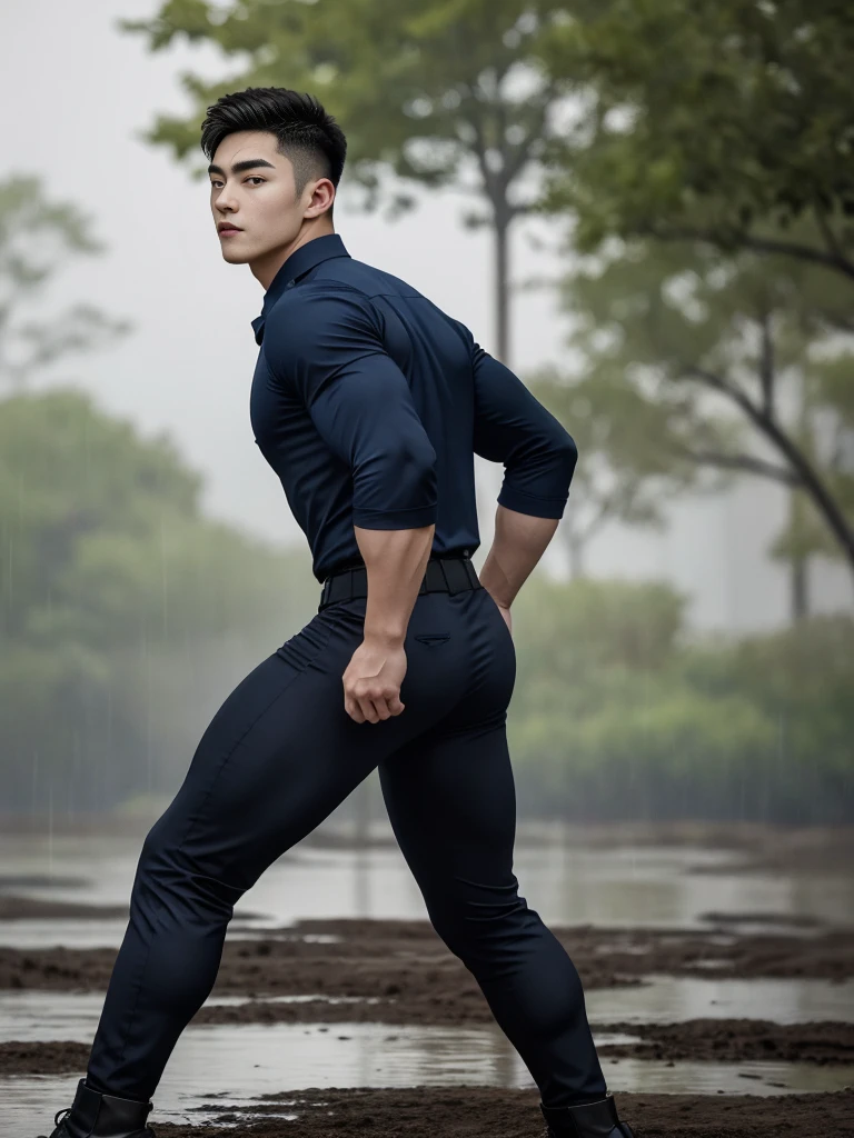 20-year-old boy ,Korean male officer ,...,handsome ,Wear a dark navy short-sleeved shirt............., wearing nothing, Wearing only Dark navy thong , no pants, Black boots and dark navy gloves, standing backward, sit on the ground ,nude, perfect , male , 1boy, solo, male focus, standing back, backward to viewers, showing huge male butt, round muscular ass, His legs spread apart.............................., Police Logo ,tight ,Muscle Man , ((The arm muscles are very large.................)) ,large , Wide shoulders ,..................................... ,Sexually suggestive, (Dynamic Poses:1.1) , thights , (Embossed Focus:1.2),......................., ,It's raining ,Mud Pond , Best qualtiy , Wide lens ,deep depth of field ,Bokeh background