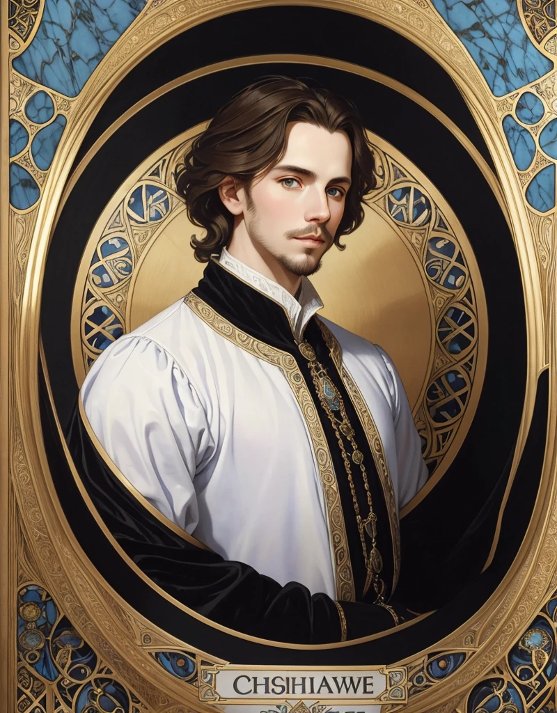Portrait of Christopher Marlowe, white skin, piercing icy blue eyes, silky golden-brown hair, refined features, charp jawline, clean shaved, black Elizabethan velvet jerkin, white laced shirt, Art Nouveau style, Mucha style, Mucha background, realism, high quality
