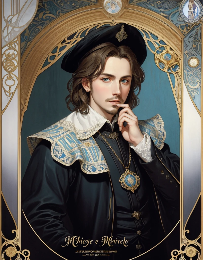 Portrait of Christopher Marlowe, white skin, piercing icy blue eyes, silky golden-brown hair, refined features, charp jawline, clean shaved, black Elizabethan velvet jerkin, white laced shirt, Art Nouveau style, Mucha style, Mucha background, realism, high quality