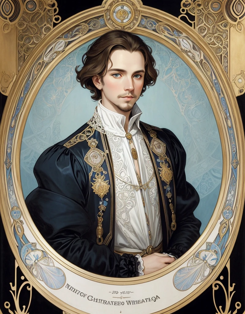 Portrait of Christopher Marlowe, white skin, piercing icy blue eyes, silky golden-brown hair, refined features, charp jawline, clean shaved, black Elizabethan velvet jerkin, white laced shirt, Art Nouveau style, Mucha style, Mucha background, realism, high quality