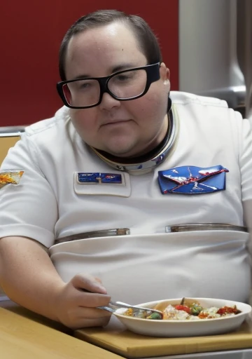 Wearing transparent red prescription glasses,(((He is very chubby and is having a meal in the cafeteria with other Astronauts))), Inside the spacecraft.