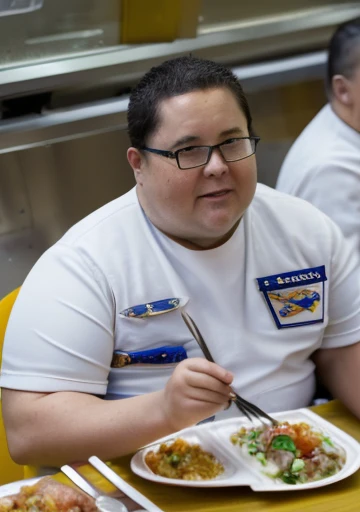 Wearing transparent red prescription glasses,(((He is very chubby and is having a meal in the cafeteria with other Astronauts))), Inside the spacecraft.