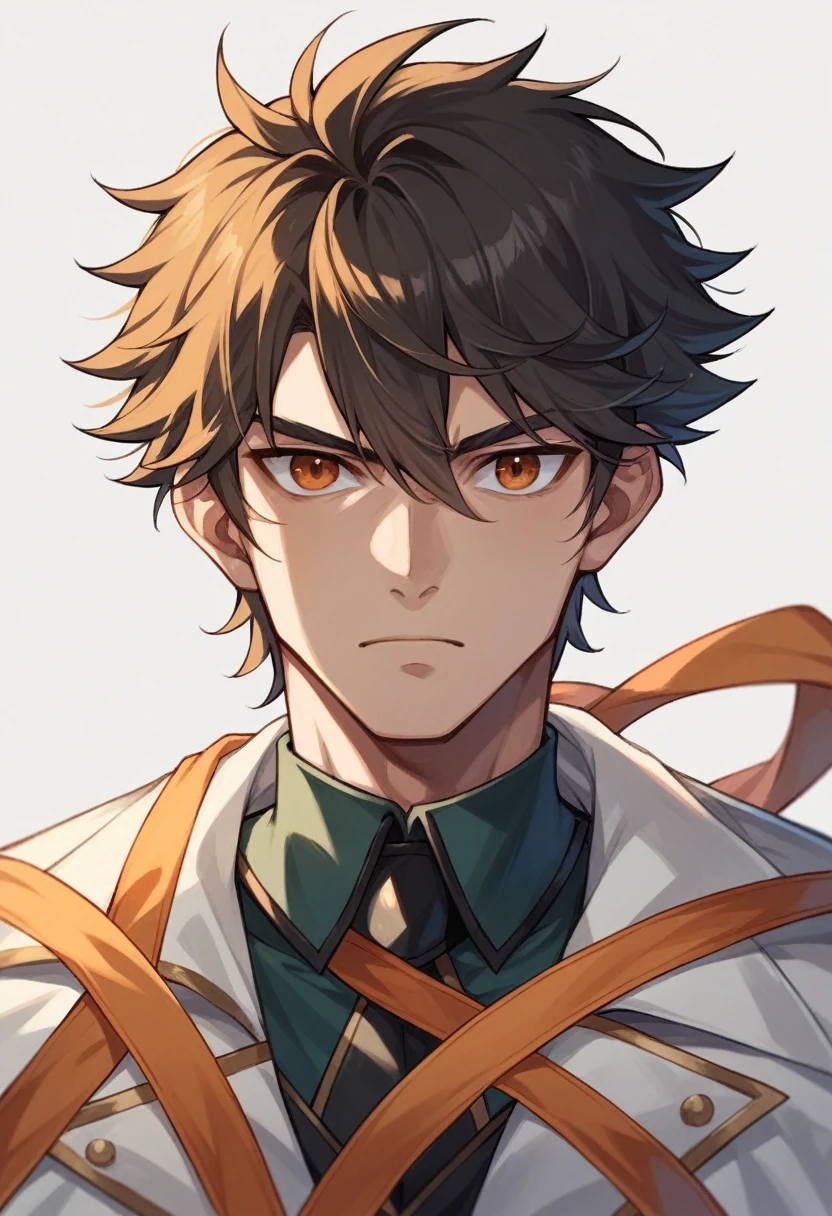 draw an oc of inazuma hair like axel blade brown and orange ribbon eyes claude beacons style