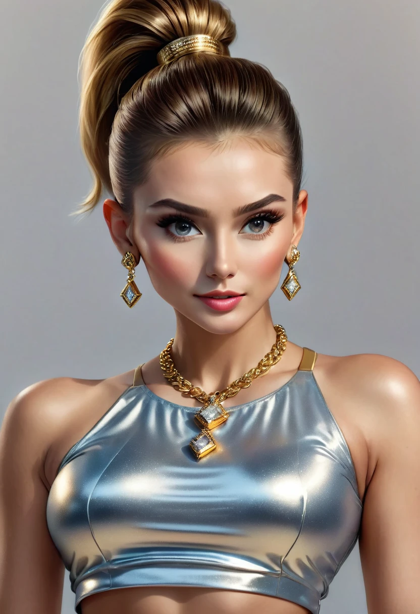  beautiful woman, hazelnut eyes, tight ponytail, athletic build, skirt, high heels, diamond earrings, gold bracelets, delicate gold necklace, (best quality,4k,8k,highres,masterpiece:1.2),ultra-detailed,(realistic,photorealistic,photo-realistic:1.37),studio lighting,physically-based rendering,extreme detail description,vivid colors,portrait