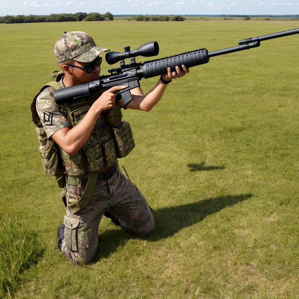 Man holding M16 sniping at grass The picture shows a wide grass field.