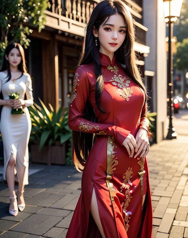 Beautiful black-haired girl with brown eyes and long hair wearing sexy red dress walking through the streets of Quito at night 