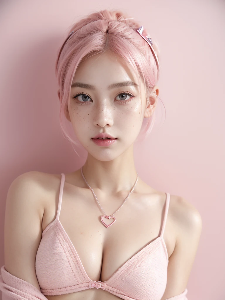 Cute girl short pink hair, with two bows on each side of the hair, all her hair short pink , with a star clip in her pink hair, light colored eyes, pretty eyes, crying eyes, pretty, upturned nose, watery nose, Pretty lips, pink lips, heart and cupid shaped lip, pretty skin, pale, White skin, with moles and freckles all over his face, soft pink blush on the cheeks, natural pink blush, soft pink makeup, Jennie, nice neck, marked collar, frown, tender look, with a kiss necklace, a pretty kiss necklace, similar to Yumeko Jabami, while wearing a Crochet YK2, woolen, with a white pants , while wearing a deep blue top with bear prints, while having a bare abdomen, Delgado, marked and pretty, (big breasts, soft breasts, nice breasts), while she is cosplaying the character Yumeko Jabami, The anime Kakegurui, looking to the camera, full body photography