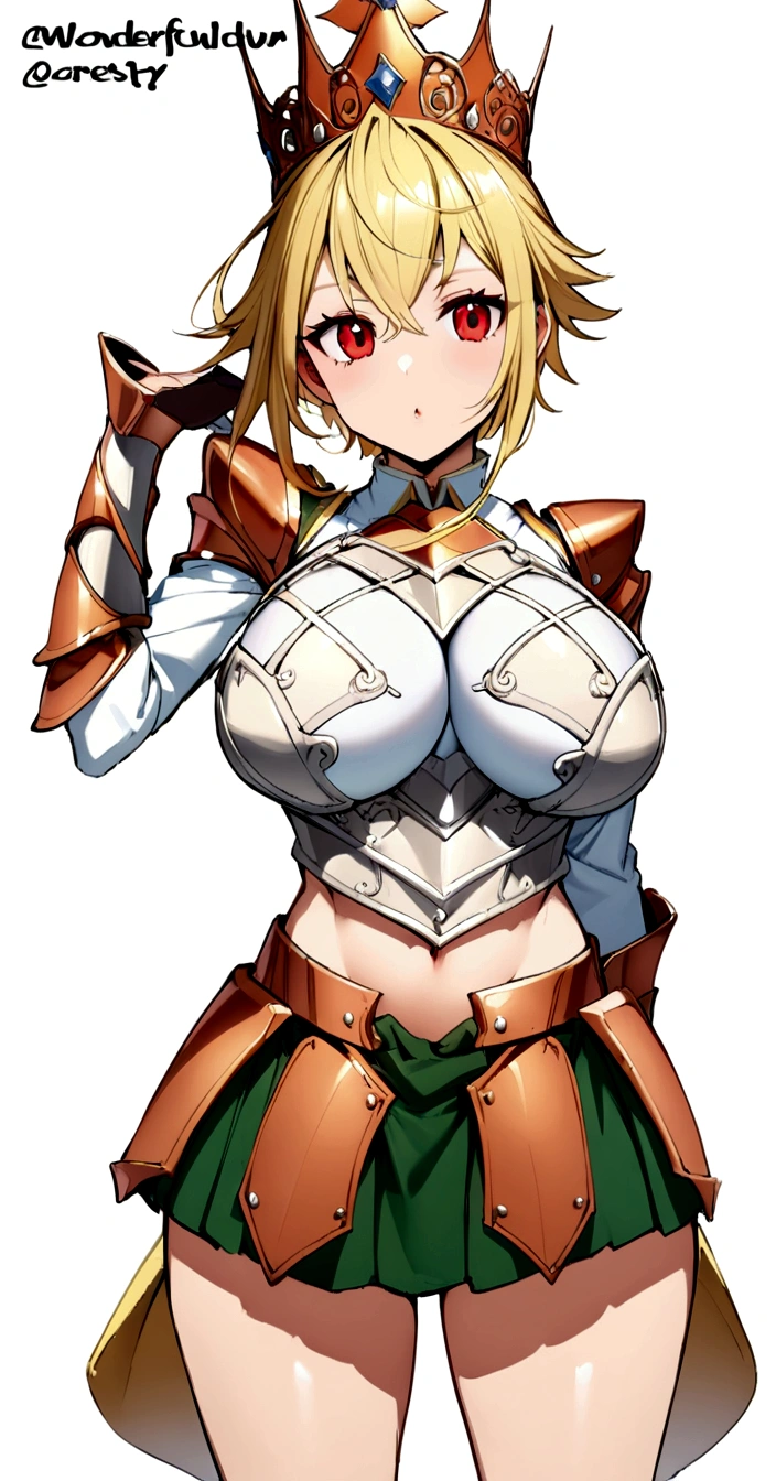 Copper bikini armor, copper crown, bare belly, big breasts, blond hair, red eyes