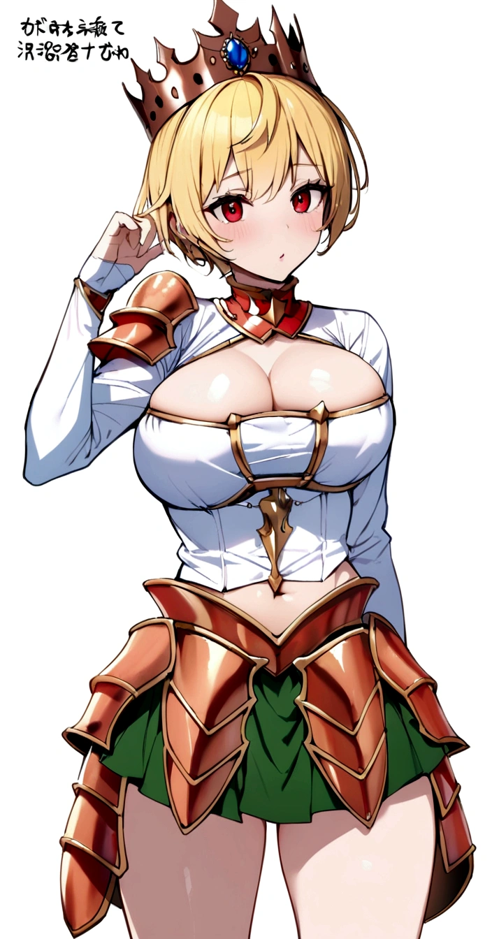 Copper bikini armor, copper crown, bare belly, big breasts, blond hair, red eyes