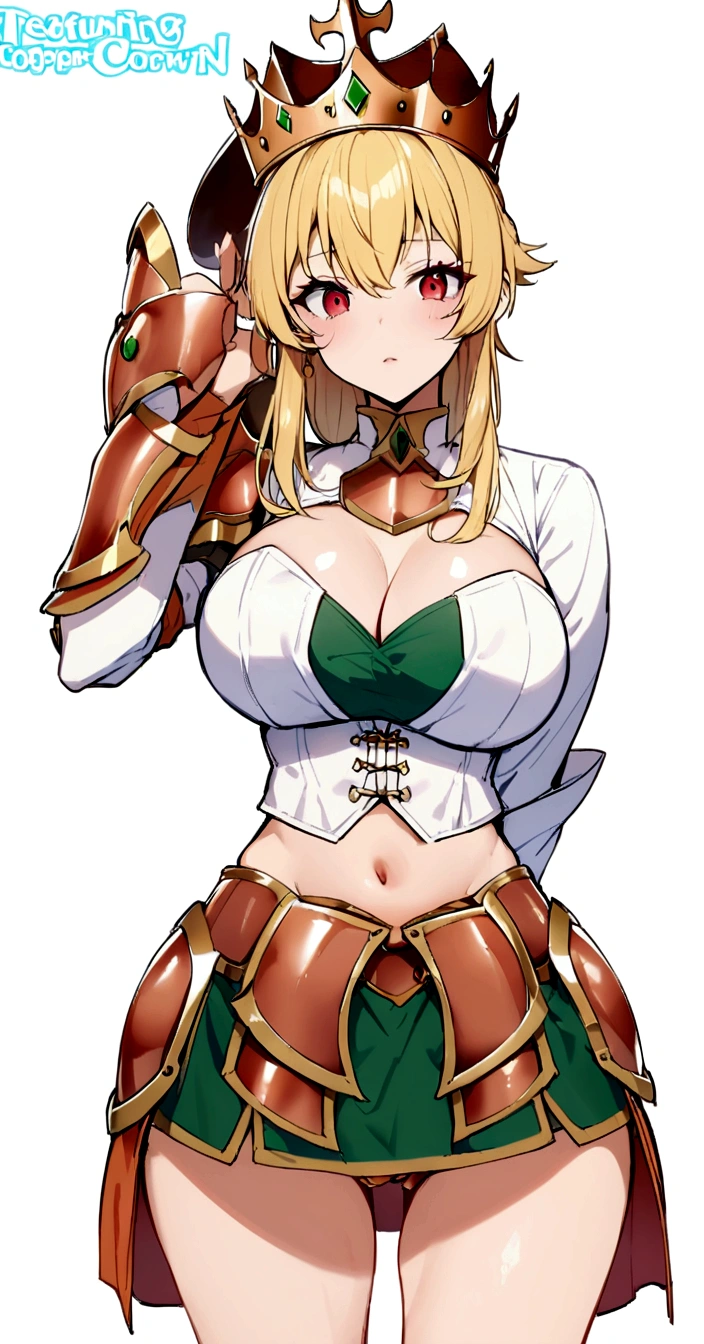 Copper bikini armor, copper crown, bare belly, big breasts, blond hair, red eyes