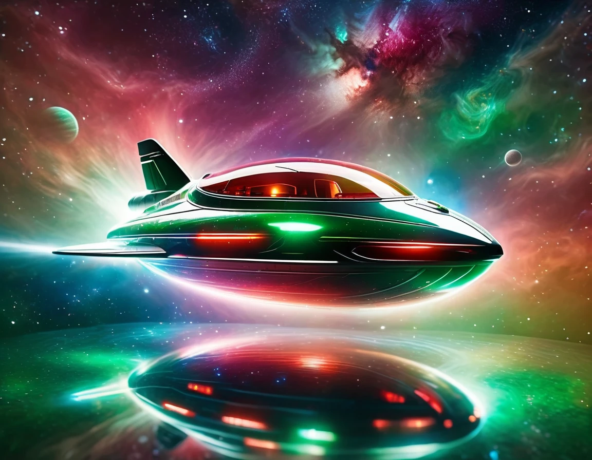 "A futuristic starship gliding through a starry cosmic background, transitioning from green to red hues. The starship features a circular saucer section, an elongated body, and engine-like nacelles, with a detailed metallic exterior and vibrant lights."