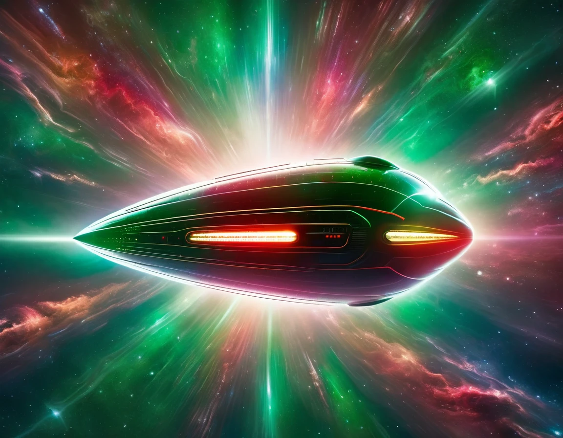 "A futuristic starship gliding through a starry cosmic background, transitioning from green to red hues. The starship features a circular saucer section, an elongated body, and engine-like nacelles, with a detailed metallic exterior and vibrant lights."