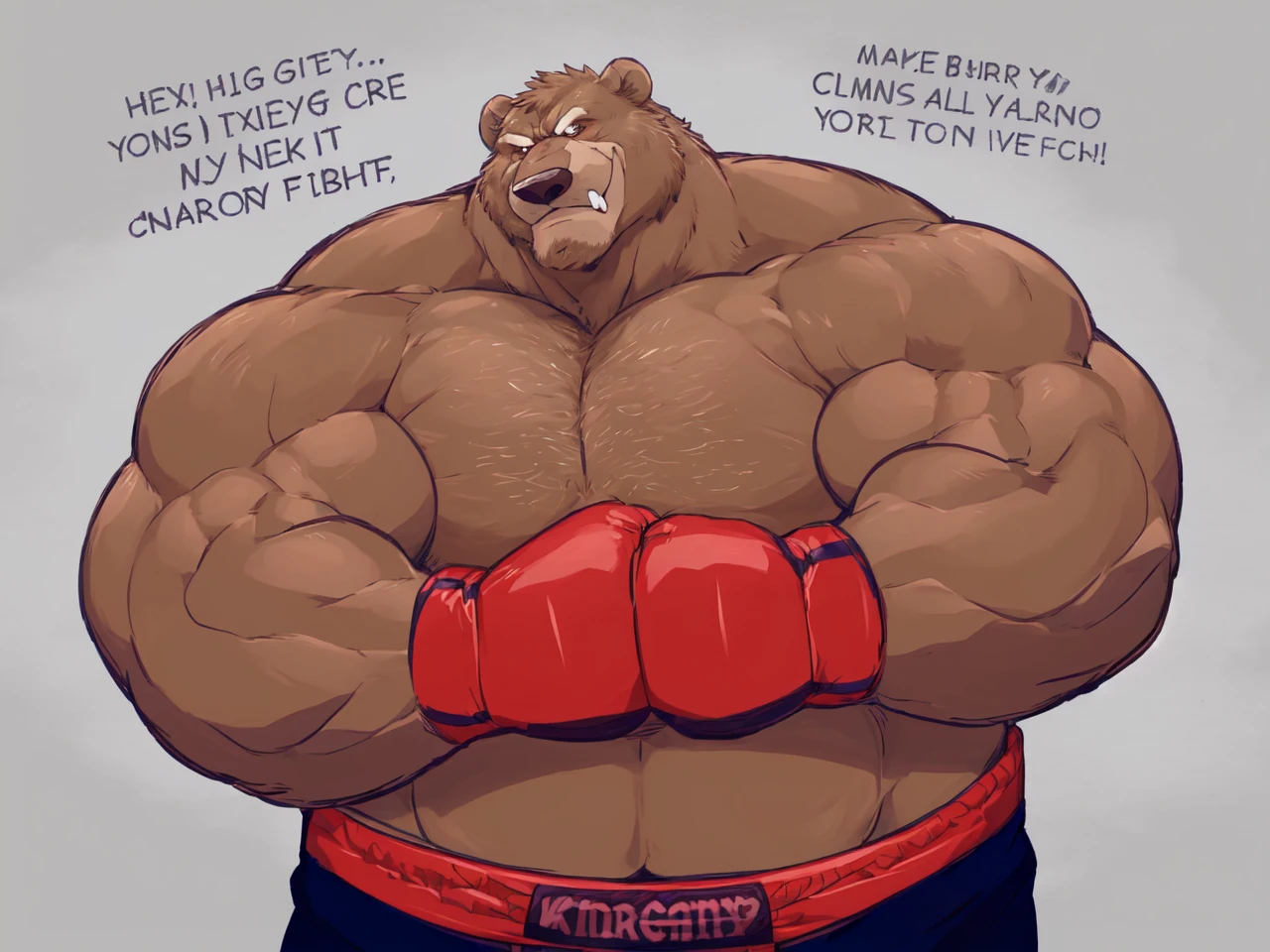 ((solo)), (anthro:1.2) bear (lora; baloo), adult, (athletic:1.4), (dense muscles), (super strong:1.4), (correct anatomy:1.2), (broad shoulders:1.2), (heavy build, massive body:1.6), (realistic fur, detailed brown fur texture:1.3), kickboxing martial arts tournament background (corner of the kickboxing MMA ring:1.6), photorealistic, (black compression shorts), (bare torso:1.4), (footwear:1.2), (detailed kickboxing martial arts black shorts), hyperrealistic, ultradetailed, (by wfa:1.2), (by takemoto_arashi, by vorusuarts, by Traver009:1, by grimfaust:1), natural lighting, (oiled up:1.4), ursine head (open eyes, brown mane), (sexy:1.2), ((serious smirk:1.4) expression), (punching:1.4), (view from center:1.4)
