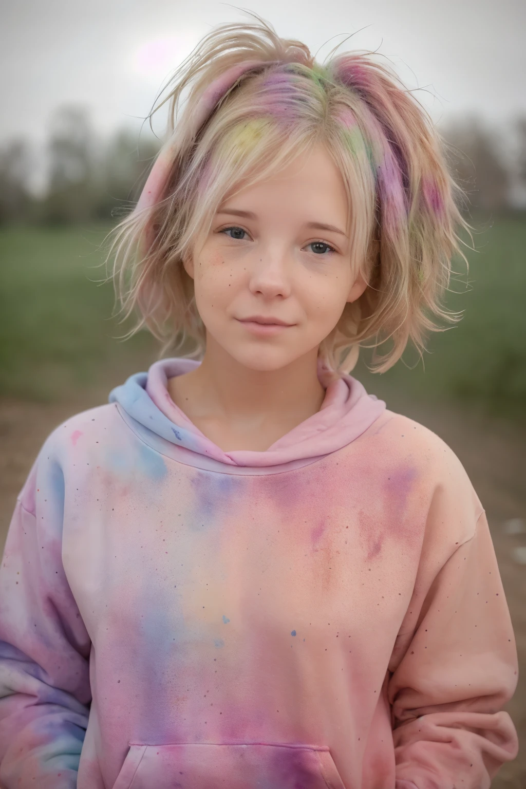 Beautiful American college student, wearing sweatshirt, gazing at viewer, Festival Holi Color, portraite, Hyper detailed POV, por Lee Jeffries, Nikon D850, film stock photography ,4 Kodak Portra 400 ,f1 camera.6 lenses ,rich colors ,hyperrealisti ,realistic texture, dramatic lighting , Cinemastill 800,