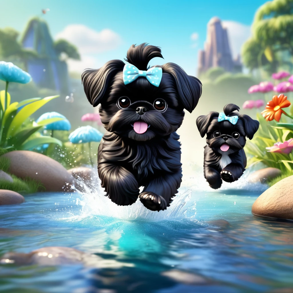 2 Adorable small black Shih Tzu puppies wearing bright sunglasses running in creek Disney background 3d cartoon 3d render disney pixar style