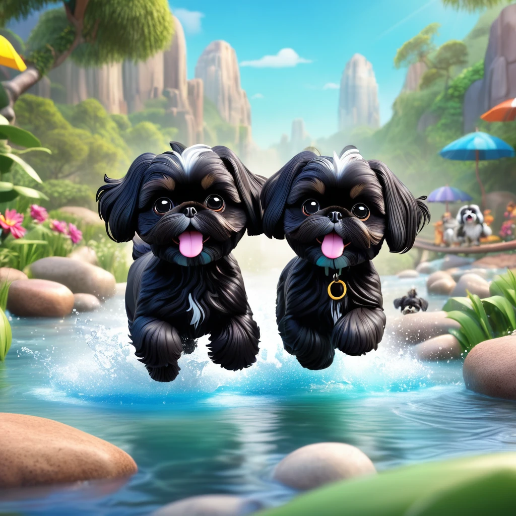 2 Adorable small black Shih Tzu puppies wearing bright sunglasses running in creek Disney background 3d cartoon 3d render disney pixar style