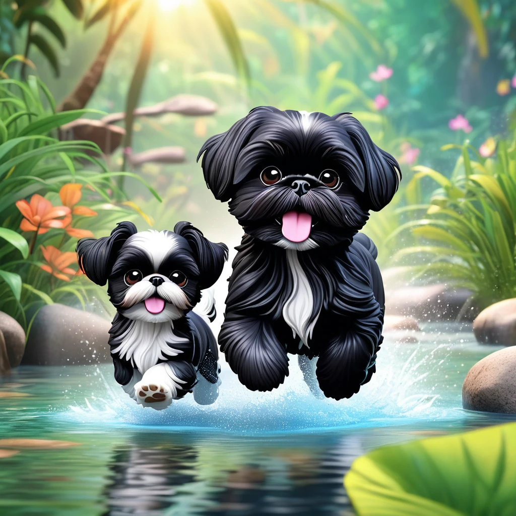 2 Adorable small black Shih Tzu puppies wearing bright sunglasses running in creek Disney background 3d cartoon 3d render disney pixar style