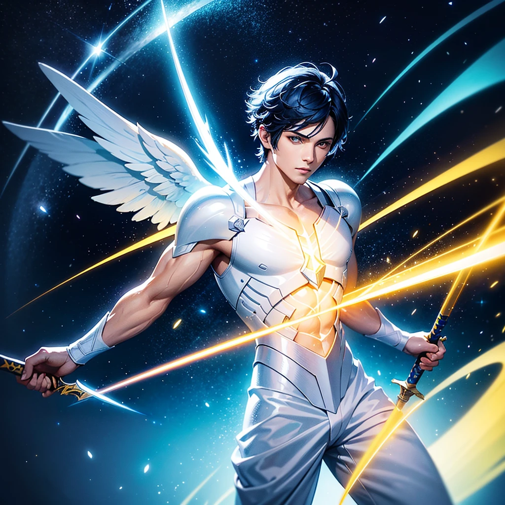 a beautiful male angel, short hair, glowing yellow aura, blue aura, holding a sword, remaking galaxy with sword swings, highly detailed, cinematic lighting, vibrant colors, dramatic composition, digital painting, concept art, award winning, 8k, photorealistic, white outfit