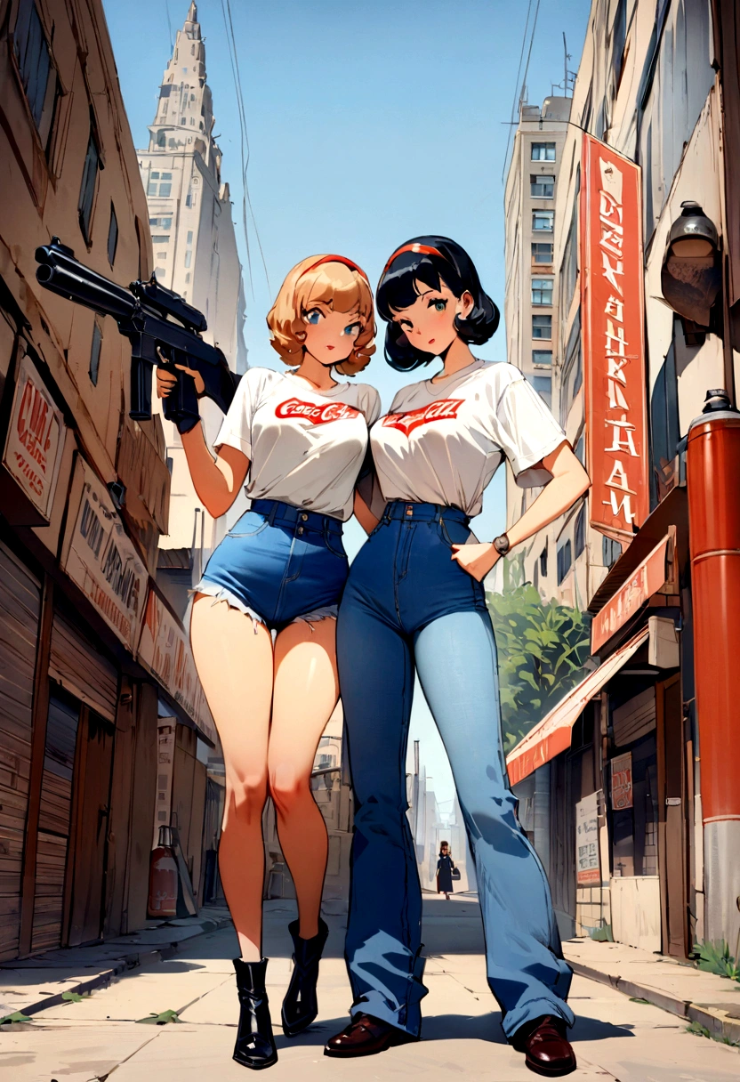 (vintage),(Retro),(Cartel), Coca Cola advertising with 2 perfect girls, clothing oversized blue jeans and white t-shirt with open waist(sexy), military environment, Masterpiece, Firearms, full body image, (urban environment background) (City)