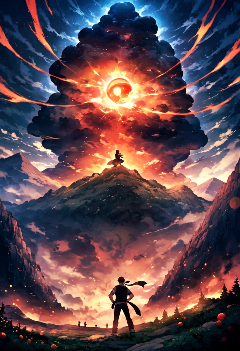pokemon trainer with a pokeball in his hand observing another stronger pokemon trainer with an intimidating aura from the top of a mountain