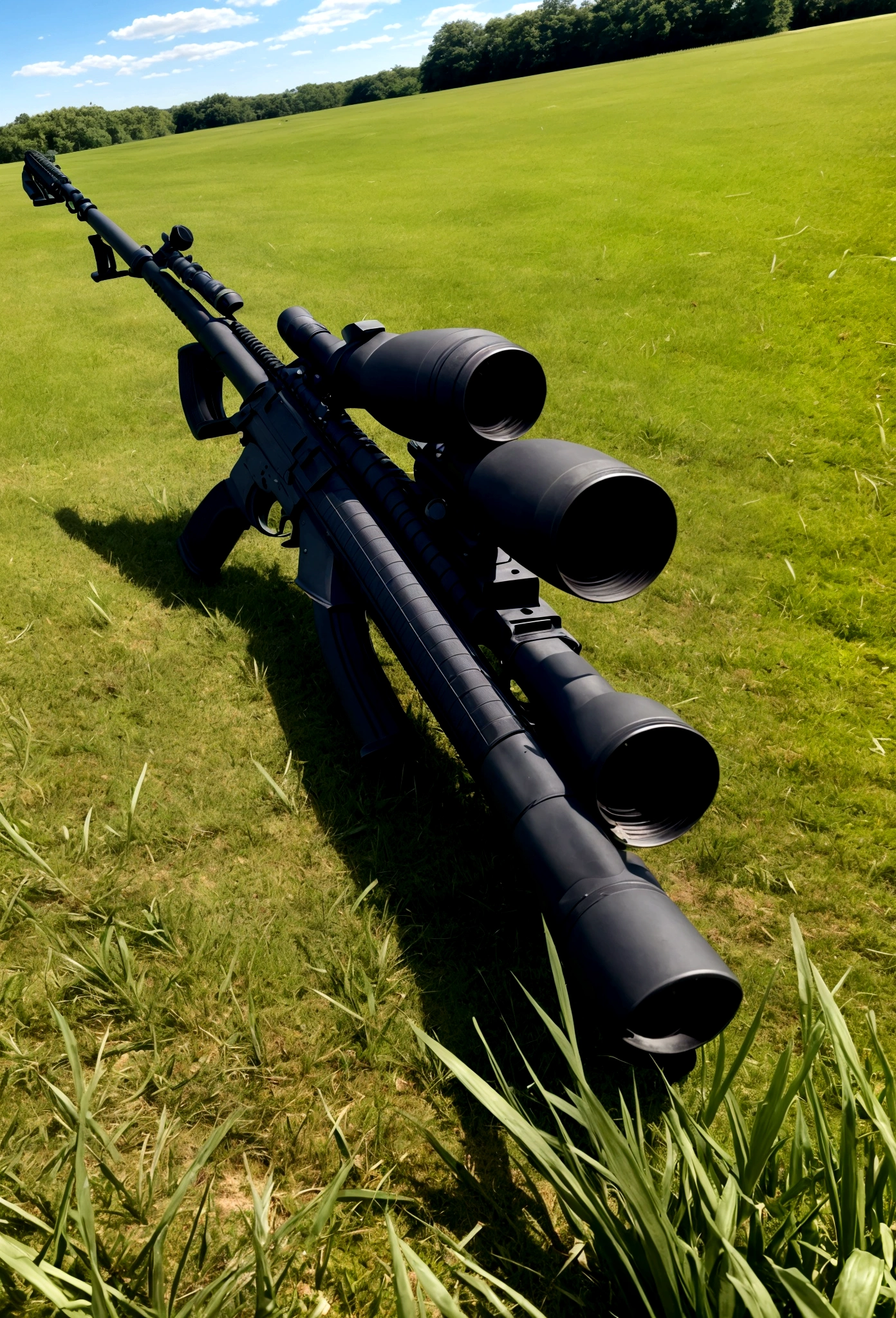 Picture of a person holding an M16 and shooting at grass. The picture shows a wide grass field.