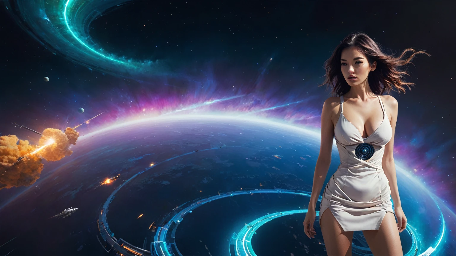 brightly colored abstract image of a space station with a spiral, epic beautiful space scifi, chaotic cinematic space rift, greg beeple, planets colliding, beeple and tim hildebrandt, beeple and jean giraud, end of the universe, galaxy space sci-fi, ringworld, by Mike "Beeple" Winkelmann. Matrix style, (((((Matrix cascading code))))), (((((a futuristic twin tower skyscraper with a unique twisted design))))), (((((OLED GUI interfaces in the building))))), at night, (((((1girl, solo))))), photo realistic, (((large-breast:1.2 slim body, cleavage))), (((off broken mini sling-shirt and black sling bra, extreamly short pleated miniskirt exposing panty))), (((((running pose))))), (((((matrix style black sunglasses))))), ((((((((((aiming with a short gun)))))))))), (((((looking at camera))))), (((very low view))), (((((half-body thigh level medium shot))))), (((cinematic lighting))).