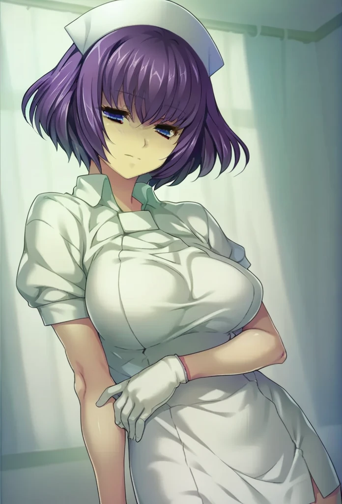 kurokawa sb, short hair, purple hair, purple eyes, nurse, nurse cap, short sleeves, white latex gloves, hospital private room