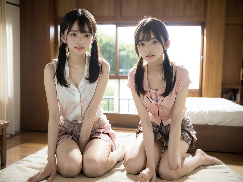 Sit in a study chair,,(loli:1.0),eltary student、young,(Plaid pleated skirt),flat breast,Pupils,teens girl,A darired,delicate and body,in a my house、frontage、Looking here、(full body:1.3)、white soks,my room,bed,desk,chair,book,pc、( smile:1.0),(skinny:1.2),beautiful girl,akb48,nogizaka46,(short twintails:1.1),,(full-face blush:1.5),,open legs,kneel up,(fullnude:1.0),(show pussy:1.0),