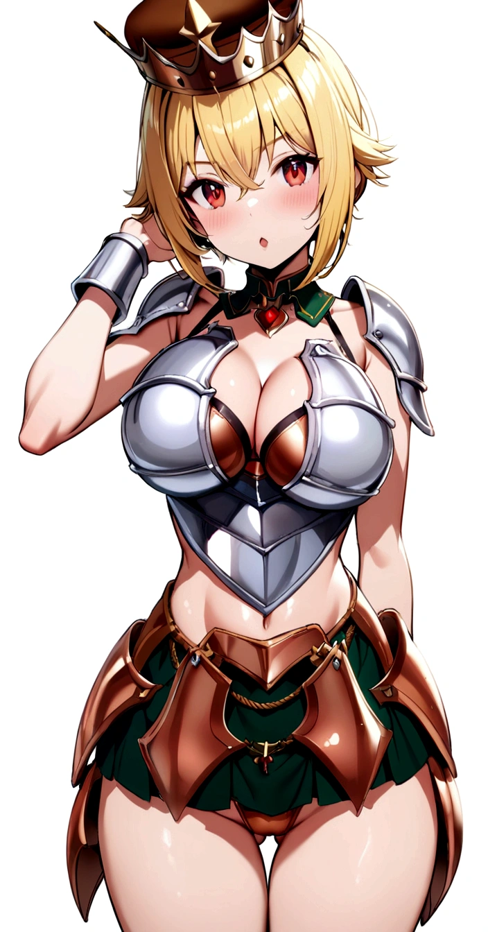 Copper bikini armor, copper crown, bare belly, big breasts, blond hair, red eyes