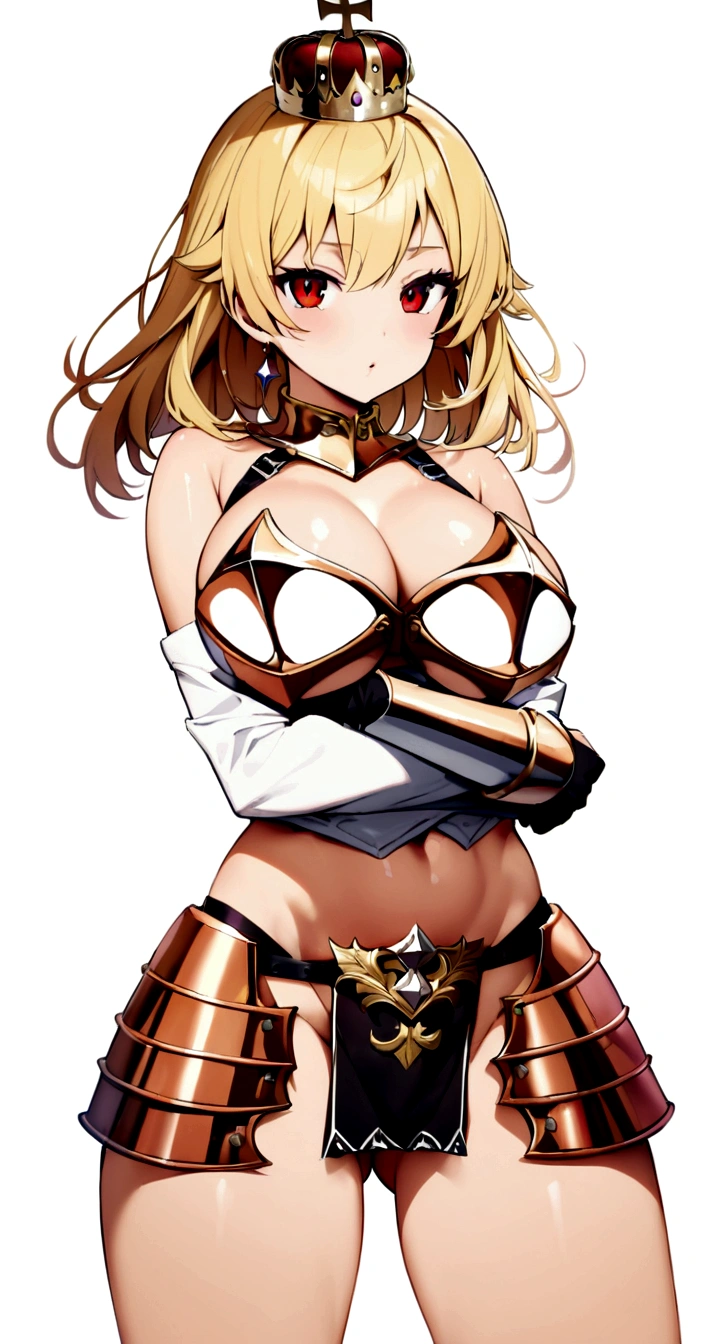 Copper bikini armor, copper crown, bare belly, big breasts, blond hair, red eyes