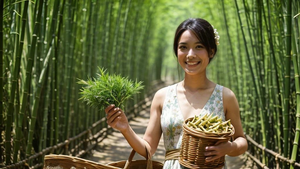 ((best quality)), ((masterpiece)), (detailed)，A figure walked out from the depths of the bamboo forest，Wearing a simple dress，Holding a basket of freshly picked bamboo shoots，With a warm smile on his face