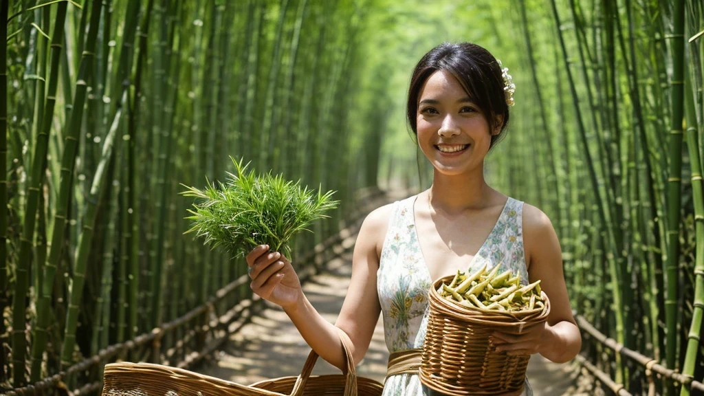 ((best quality)), ((masterpiece)), (detailed),A figure walked out from the depths of the bamboo forest,Wearing a simple dress,Holding a basket of freshly picked bamboo shoots,With a warm smile on his face