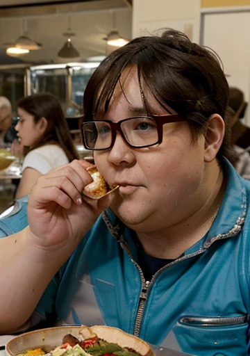 Wearing transparent red prescription glasses,(((He is very chubby and is having a meal in the cafeteria with other Astronauts))), Inside the spacecraft.