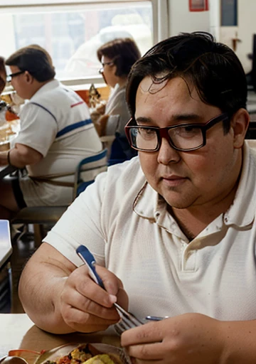 Wearing transparent red prescription glasses,(((He is very chubby and is having a meal in the cafeteria with other Astronauts))), Inside the spacecraft.